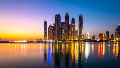 Fototapeta premium Skyline de rascacielos junto al mar al atardecer con reflejos de luces en el agua