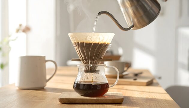 Preparaci&oacute;n de caf&eacute; de filtro vertido a mano en una cocina luminosa y acogedora