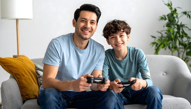 Padre e hijo jugando a videojuegos en el sof&aacute; de casa con mandos en las manos