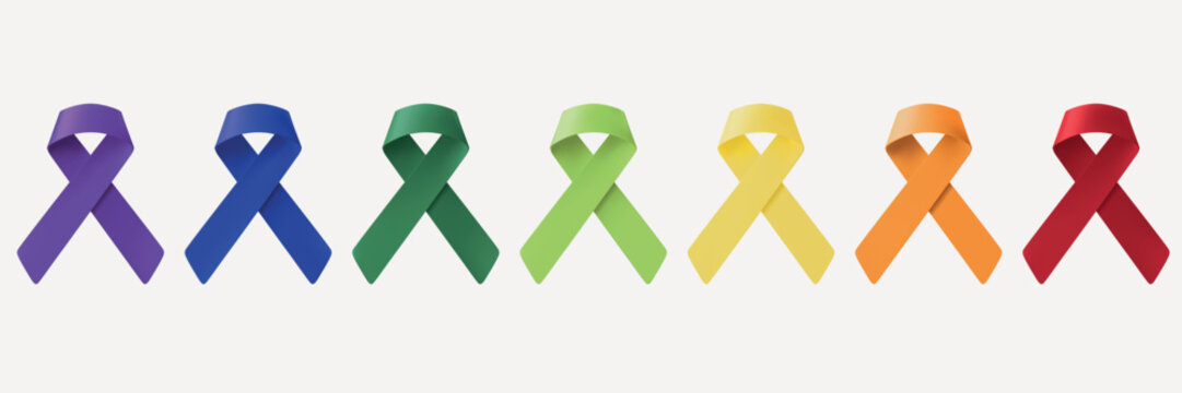 Colorful awareness ribbons in a row: purple, blue, green, yellow, orange, red. Each ribbon represents different causes, symbolizing awareness and support. Awareness ribbons, isolated element vectors.
