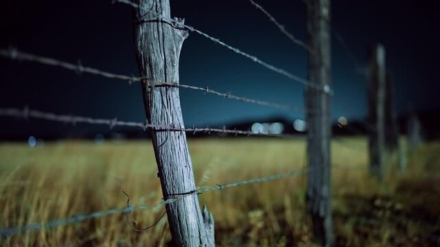 Weathered wooden fence post with barbed wire strands in golden grass field at dusk. Blurred bokeh lights twinkle in background against dark blue sky creating moody rural atmosphere.