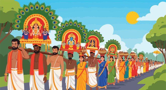 Traditional Indian procession with ornate kavadi shrines under a sunny blue sky