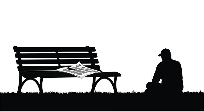 Solitary figure contemplates beside an empty park bench with a newspaper.
