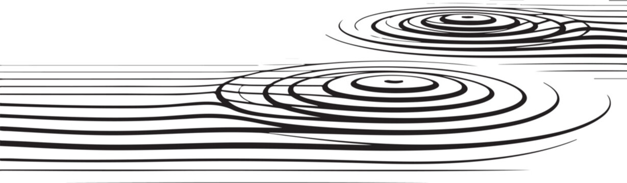 Black concentric circles, ripple effects, wave patterns, abstract background design elements