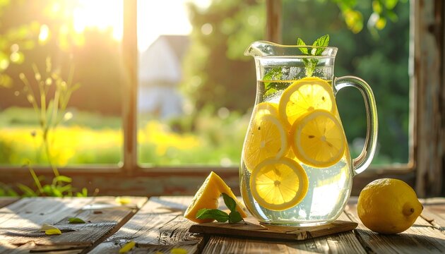 Jarra de limonada casera con rodajas de lim&oacute;n y hojas de menta junto a una ventana soleada