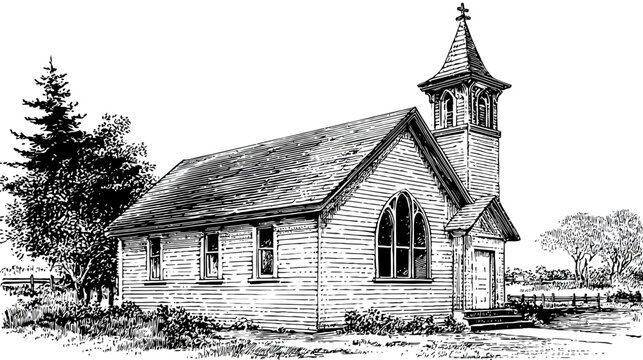 Monochrome sketch of a country church, with trees, and a cross-topped steeple