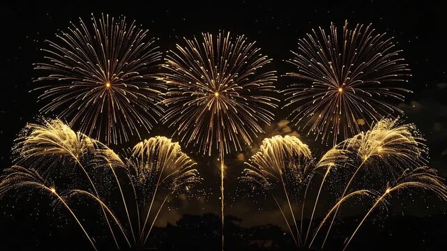 黒背景金線で描く花火夏夜アニメーション