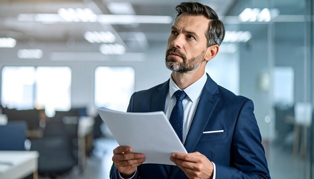 Empresario con traje revisando documentos en una oficina moderna y luminosa