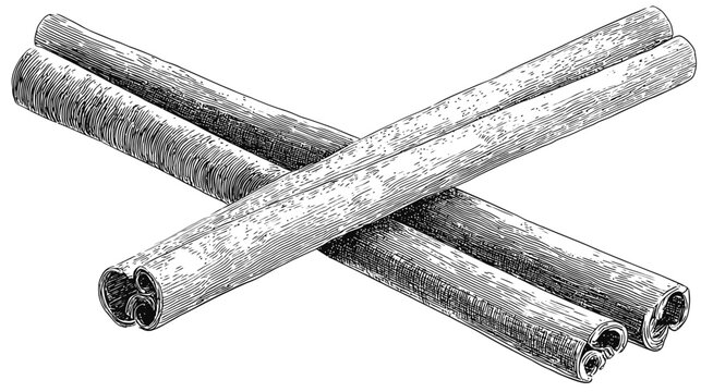 Etched crossed cinnamon sticks in black and white on a stark white background