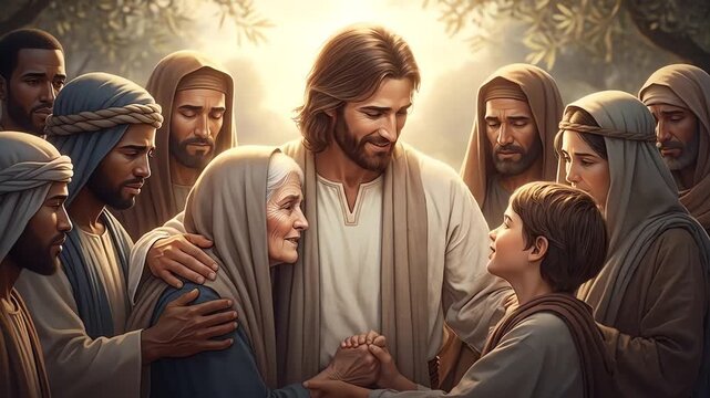 Jesus Christ surrounded by disciples, an older woman, and a child, sharing a moment of compassion and blessing under a warm light.