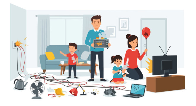 Sad family in living room facing multiple electrical hazards and home accidents