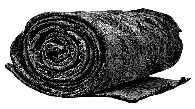 Engraved roll of material, with a spiraling pattern on the exposed side