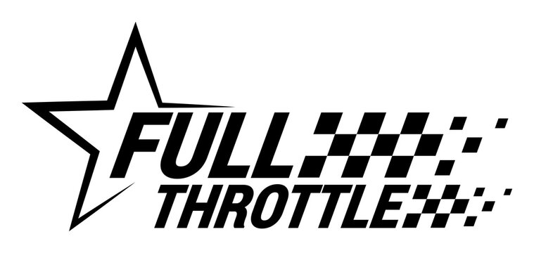 Motorsport racing badge design in bold italic style, full throttle typography with star outline and checkered flag pattern, speed theme for stickers, decals, branding, apparel prints. PNG