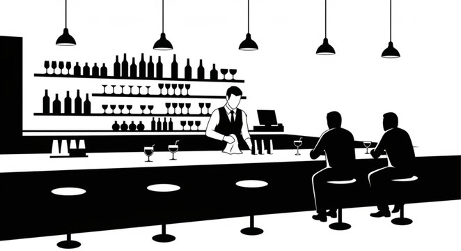 Monochrome illustration of a bartender serving customers at a bar.