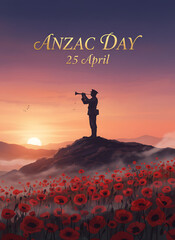 Silhouette of a soldier blowing a bugle at sunset, ANZAC Day editorial greeting poster with red poppies, perfect for remembrance templates.