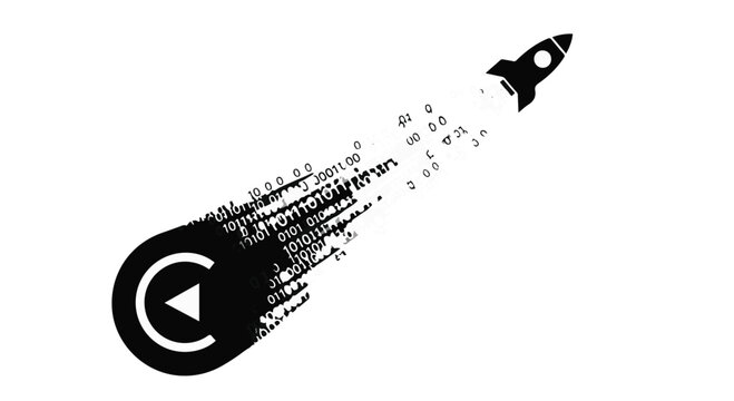 Creative rocket launching from play button, symbolizing new project start and digital content creation.