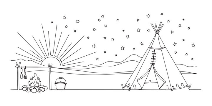 Continuous line art panorama of outdoor camping with teepee tent and campfire.