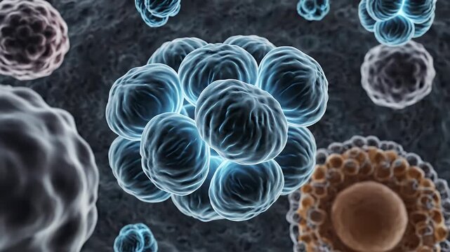 Microscopic View Of Active Mitochondria Clusters Glowing Blue And White In Dark Cellular Environment With Scattered Particles