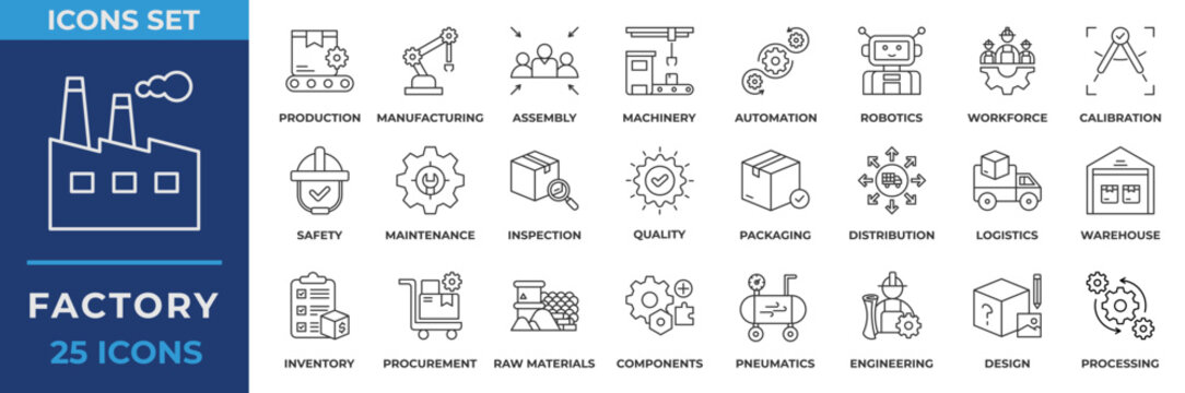 Factory Icon Set Collection. Containing factory, production, manufacturing, assembly, machinery, automation, robotics, workforce, calibration, safety and maintenance. Line Icon Vector Illustration.