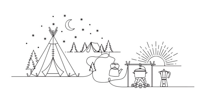 Continuous line art panorama of outdoor camping with teepee tent and campfire.