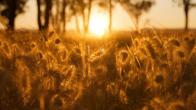 Fluffy wild grass seed heads glow golden in warm sunset backlight. Delicate foxtail plants sway gently with silhouetted trees in background during magical golden hour scene.