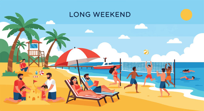Flat vector scene of people enjoying a sunny tropical beach during summer break