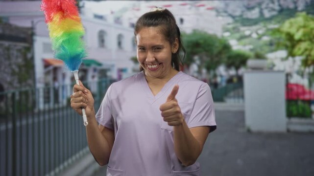 Woman cleaner wearing lavender scrub top holding rainbow feather duster on city street smiling and giving thumbs up; pride resilience.