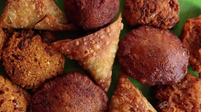 Assorted Kerala snacks Ulli vada spicy onion fritters  Parippu Vada or Paruppu Vadai made with toor dal Samosa crunchy triangular shaped wraps Neyyappam bonda and milk tea undampori. 