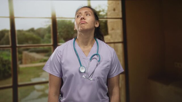 Woman doctor wearing stethoscope rubbing hands in an empty building room by a window, indoor setting; fatigue.