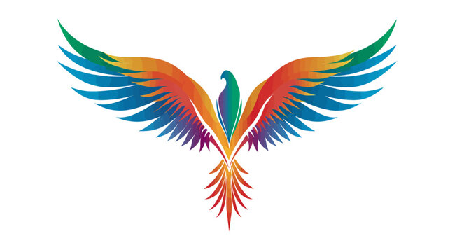 A stylized bird with wings spread, colored in a vibrant gradient against a white background