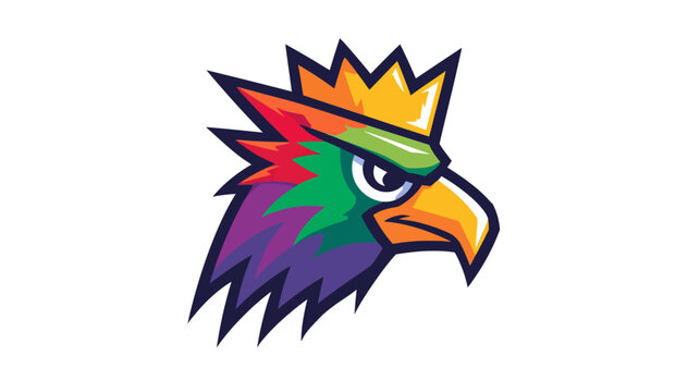 Colorful, stylized avian head design, showcasing vibrant hues and sharp angles with a crown