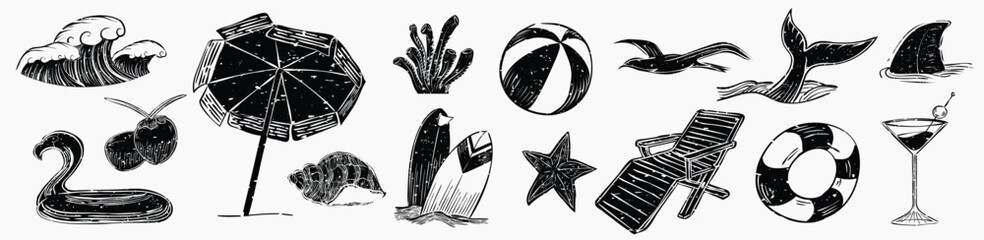 Black and white beach-themed illustrations: umbrella, beach ball, waves, surfboard, starfish, and more. Summer beach vibes with various beach icons. Summer vacation element vector set. © Rawpixel.com