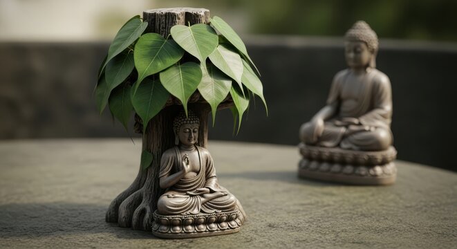 Small buddha statue sitting under a bodhi tree with green leaves on a stone surface with another statue in the background
