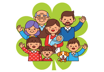 Obraz premium Happy Multigenerational Family with Pet Dog Waving in Front of a Large Green Four-Leaf Clover - Cute Flat Vector Illustration