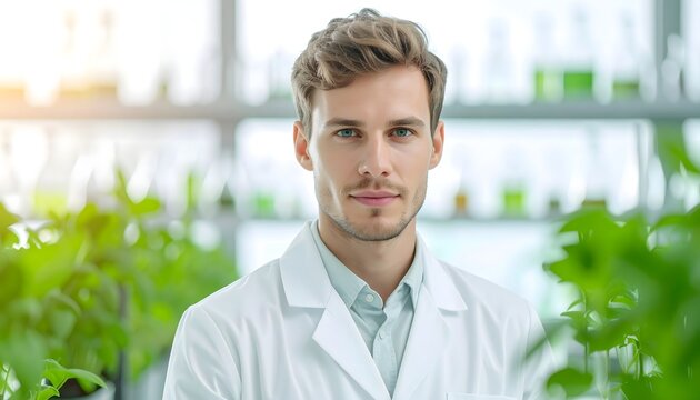 Joven cient&iacute;fico con bata blanca en laboratorio luminoso con plantas y ambiente moderno de investigaci&oacute;n