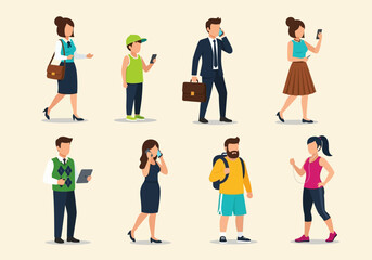Obraz premium Collection of Flat Vector People Characters Using Smartphones and Mobile Devices While Walking and Standing - Communication and Modern Lifestyle Concept