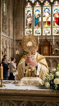 Sacred Christian ritual: priest elevate, monstrance uplift, Eucharistic element, holy sacrament, devout worshiper, Corpus Christi, Christ body, blood covenant, Feast day, religion honor.