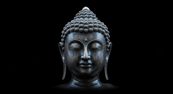 Closeup portrait of a serene buddha statue head with traditional curly hair and elongated ears against a black background