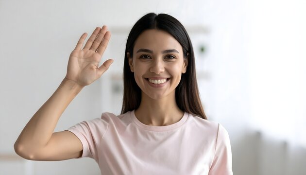 Mujer joven sonriendo y saludando con la mano en retrato luminoso de estilo cercano y natural