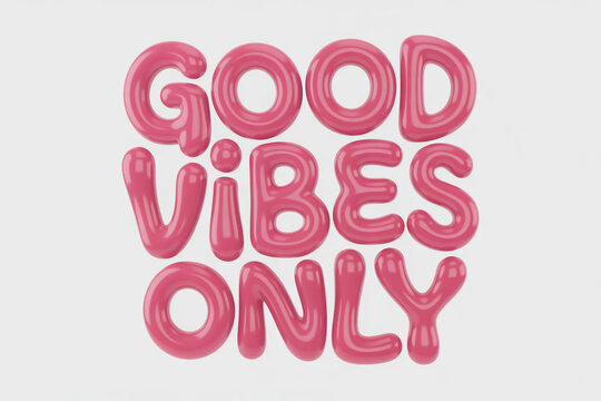 A colorful illustration with the phrase Good Vibes Only in pink bubble letters on a white background