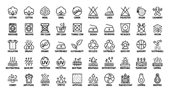Stylized fabric features outline icon set 45 vector EPS10 editable stroke isolated