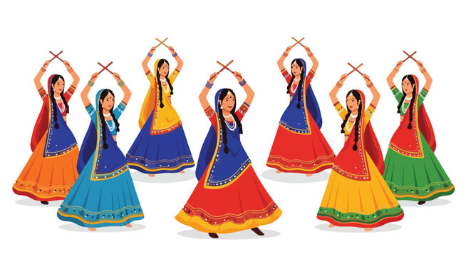 Indian women in traditional attire performing a colorful Dandiya stick dance