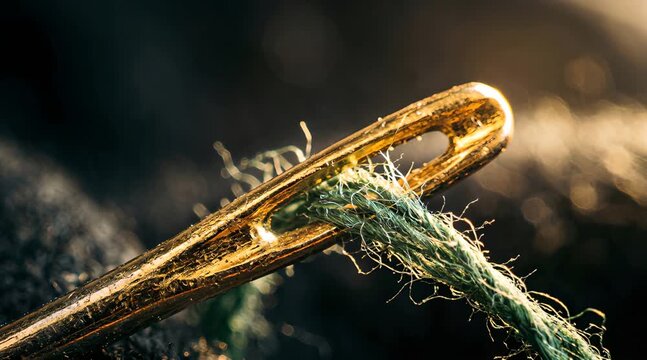 Close Up of Golden Needle Eye with Green Thread and Textured Strands Against Dark Background