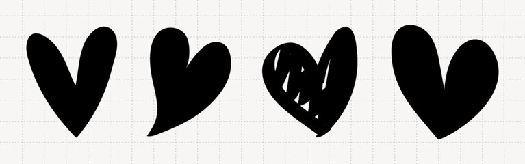 Four black heart shapes in a row. Simple black hearts on a grid background. Heart shapes are bold and black, creating a striking contrast. Valentine's element vector set. © Rawpixel.com