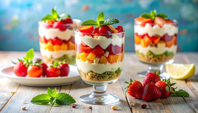 Vasos de yogur con frutas frescas, granola y menta en presentaci&oacute;n colorida y veraniega