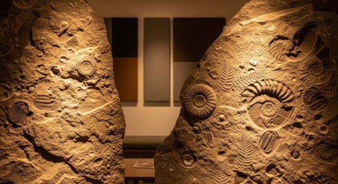 Ancient fossilized ammonites and ferns embedded within textured natural stone wall displays