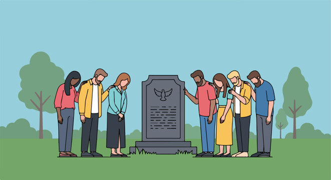 Diverse group of people mourning together at a gravestone in a cemetery park art