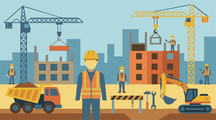 Construction site with workers, cranes, and heavy machinery, flat design illustration © Mountain Top Studio