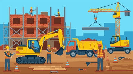 Construction site with workers, building, heavy machinery, and steel beam lift © Mountain Top Studio