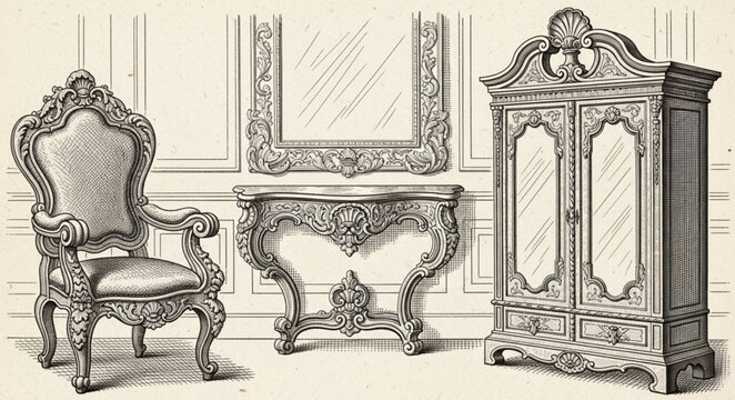 Ornate Furniture Set - Armchair, Console Table, and Wardrobe Illustration.